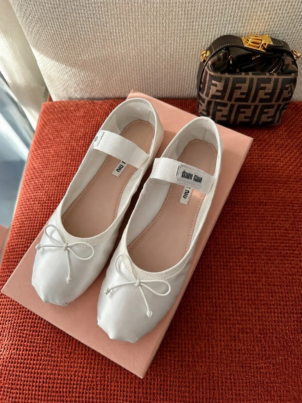 Miu Miu White Girls' Leather Ballet Flats with Elastic Strap